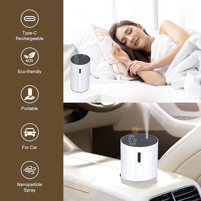 Waterless Essential Oil Diffuser Aromatherapy Scent Diffusers for Home Large Room, Bedroom, Car, Office, Desk, Battery Operated Mini Portable Air Freshener (White-2)