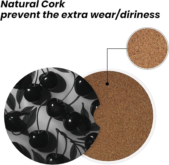Absorbent Car Coasters for Cup Holders, 2 Pack Universal Anti Slip Ceramic Cup Coaster for Women Men 2.56 Inch Car Interior Accessories - Black Cherry 021
