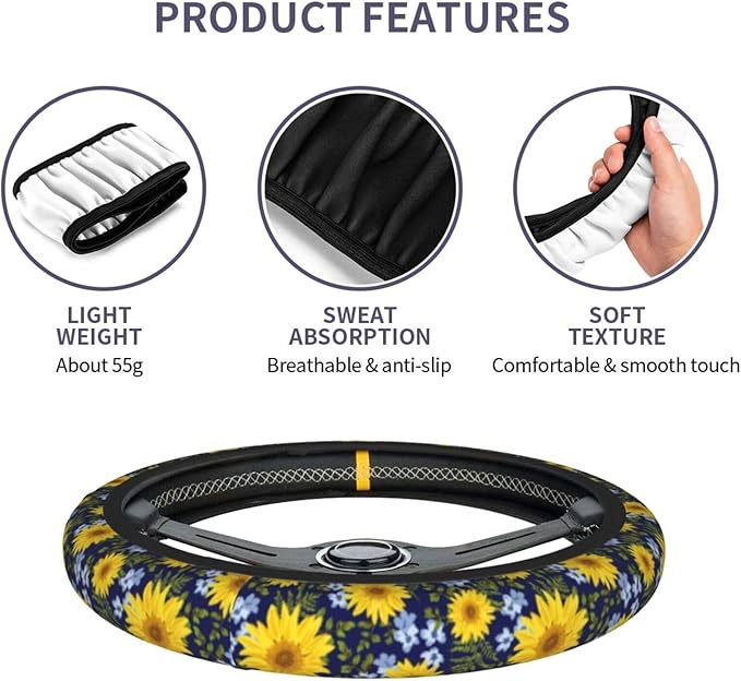 Sunflower Steering Wheel Cover with 2 Car Coasters Non Slip Neoprene for Women Men Universal 15 Inch