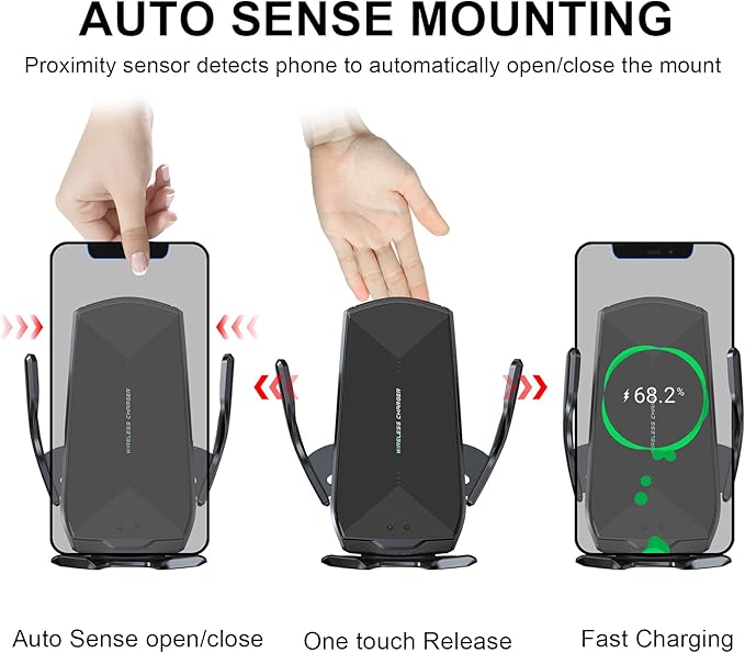 Wireless Car Charger Mount, 15W Qi Fast Charging Auto-Clamping Cell Phone Car Holder Air Vent Windshield Dashboard Long Arm Suction Cup Car Phone Mount for iPhone13 /12/11 Samsung S20/S10/S9/S8 LG
