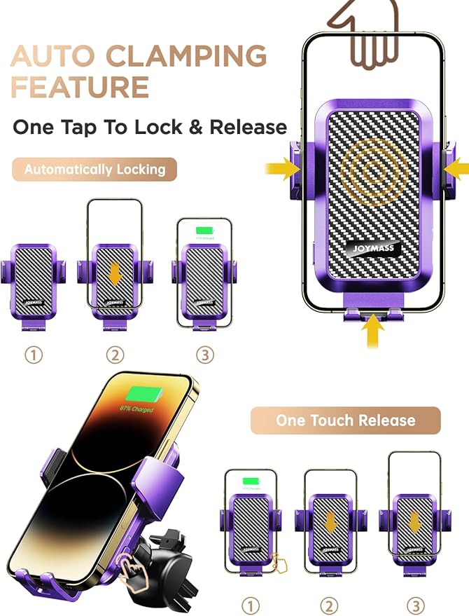 Wireless Car Charger, 15W Fast Charging Auto Clamping Car Charger Cell Phone Holder Mount Vent for iPhone 15 14 13 12 Mini Pro Max, Samsung Galaxy S24 Ultra S23 S22 S21+ Note 20, etc - Purple