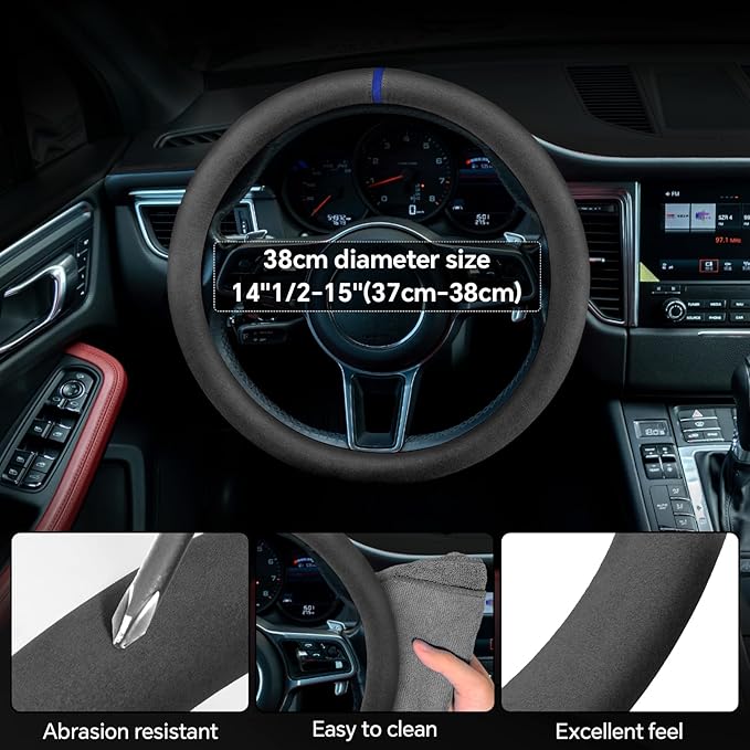 Alcantara Sports Steering Wheel Cover 14.5" to 15" Fit - Anti-Slip Comfort Grip, Durable Soft Suede-Feel Luxury Material for Men Drivers | Fits Sports Cars, Luxury Cars, Sedans, SUVs and EV