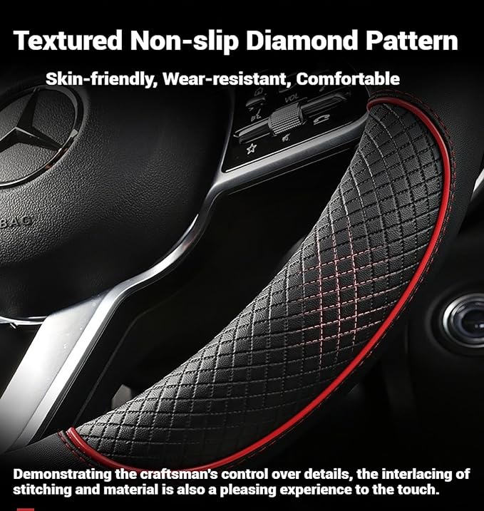 Premium Nappa Leather Steering Wheel Cover, Non-Slip & Breathable, Universal Fit for 14.5-15 Inch Wheels (37-38.5 cm) - Enhanced Driving Comfort (Black and Blue)