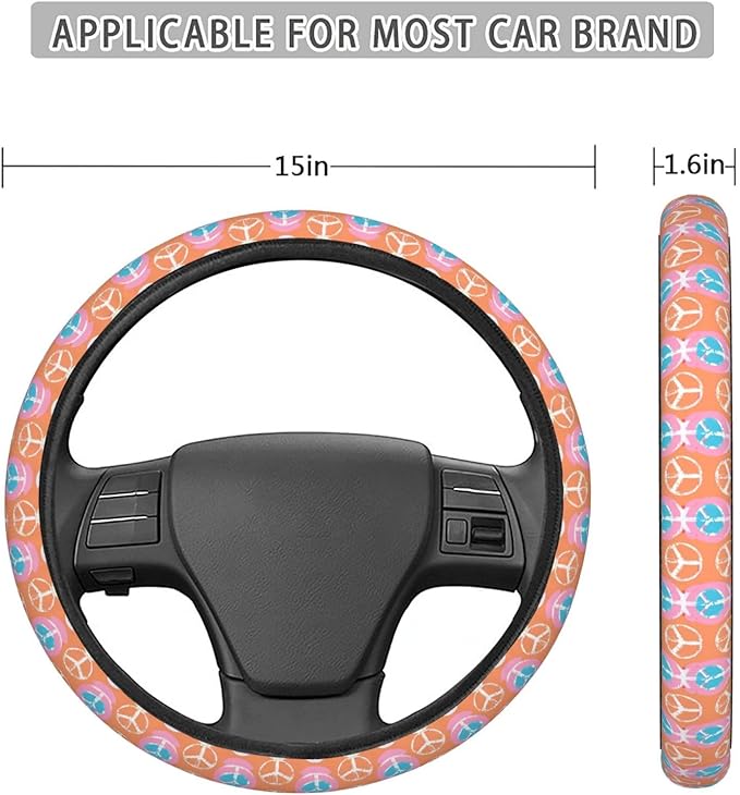 Peace Sign Steering Wheel Covers Anti-Slip Elasticity Car Accessories Steering Wheel Protector Universal 15 Inch for Cars SUV Vehicle Truck