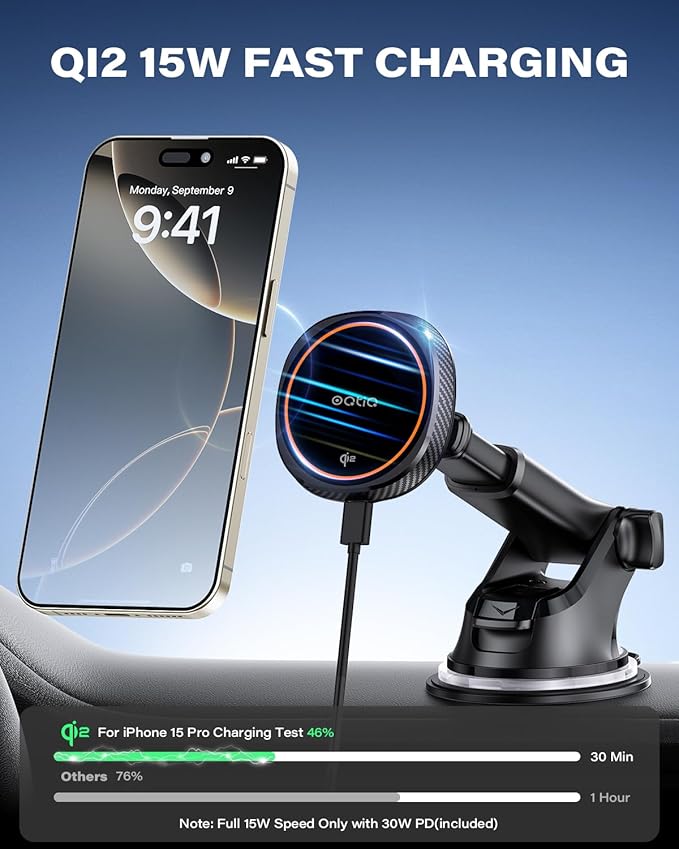 OQTIQ for Magnetic Car Mount Charger- QI2 Certified 15W Fast Wireless Charging Car Phone Holder with Strong Magnetic Grip, Built-in Cooling Fan, Suction Cup & Vent Mount [PD 30W Adaptor Included]