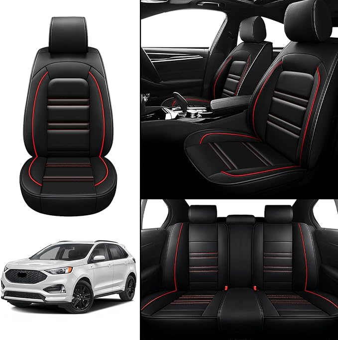 Seat Covers for Ford Edge 2007-2024 | 5-Seats Leather Seat Covers, Easy to Install Automotive Seat Covers Full Set (Full Set, Black&Red Line)