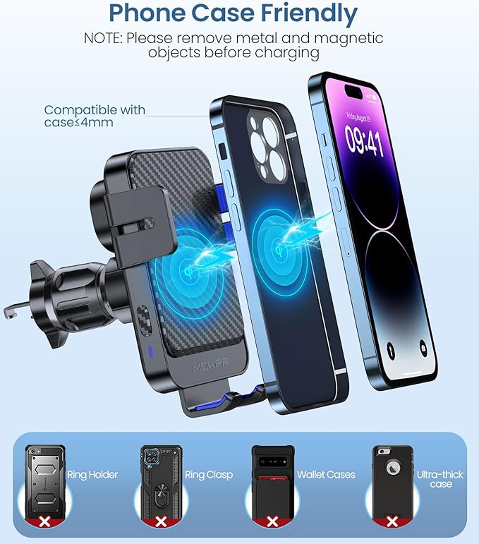 Wireless Car Charger, MOKPR 15W Fast Charging Auto-Clamping Car Mount Hands-Free Car Charger Mount for Dash Windshield Air Vent Compatible with iPhone 16 15/14/13/12, Samsung S23/S22/S21,Blue
