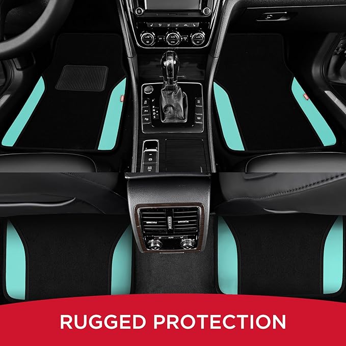 Rubbermaid Car Mats, Carpeted Floor Car Mat with Faux Leather & Built-in Heel Pad, Two-Tone Car Rug Floor Mats, Stylish Carpeted Floor Mats for Cars, Trucks & SUVs Mint Color