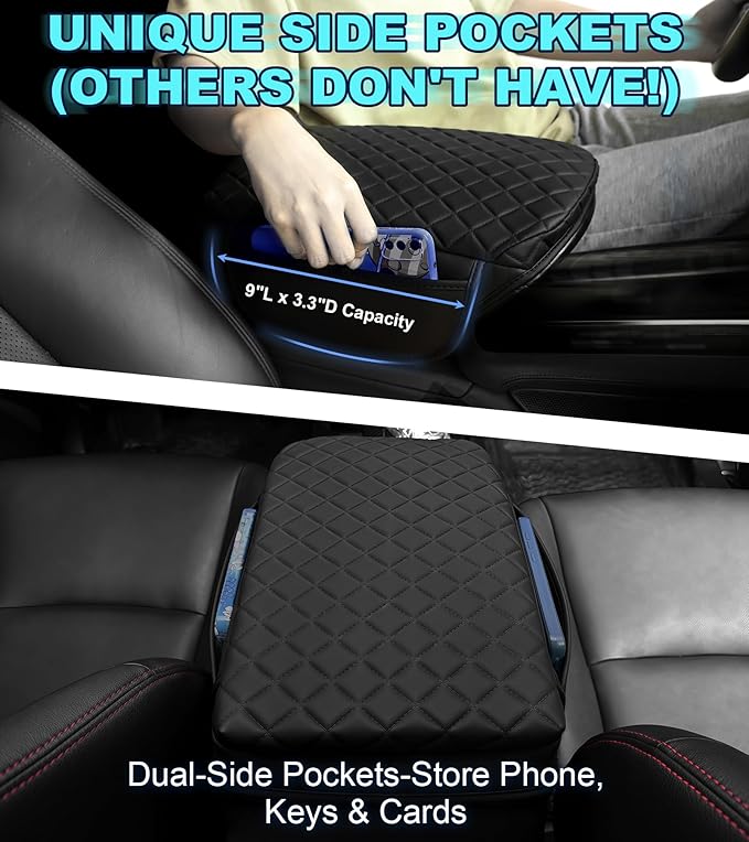 Armrest Cover for Ford Explorer Center Console Pad with Organizer Storage Pockets, Black Faux Leather Arm Rest Lid Protector Cushion Interior Accessories (2011-2019)
