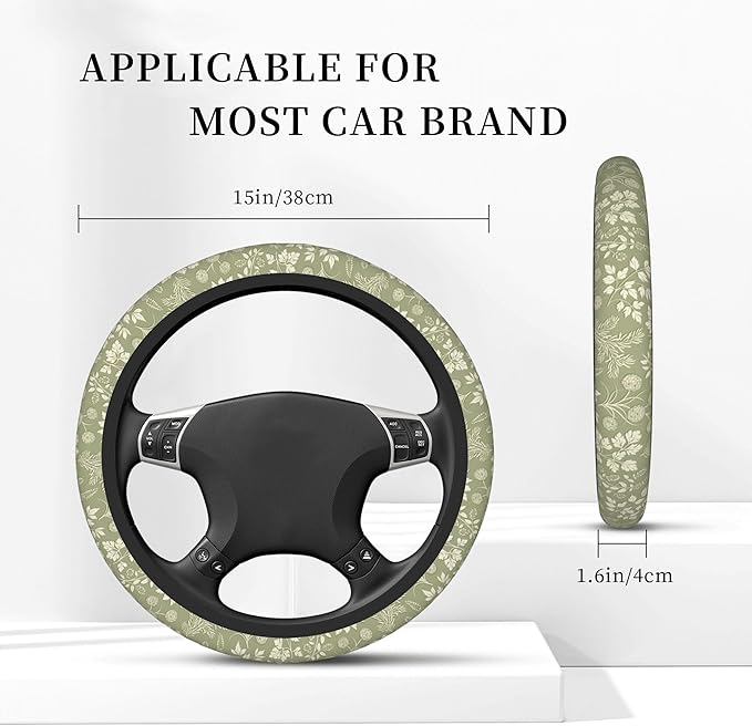 Green Leaf Plant Steering Wheel Cover for Women, Universal 15 inch Breathable Anti Slip Steering Wheel Covers for Cars, Auto, SUVs