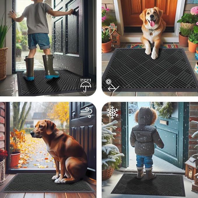 Smiry Front Door Mat Outside Entrance, Heavy Duty Outdoor Indoor Natural Rubber Doormat, Non Slip, Trap Dirt and Moisture, Easy Clean, Low Profile Patio Porch Entryway Mat, 59x20, Black