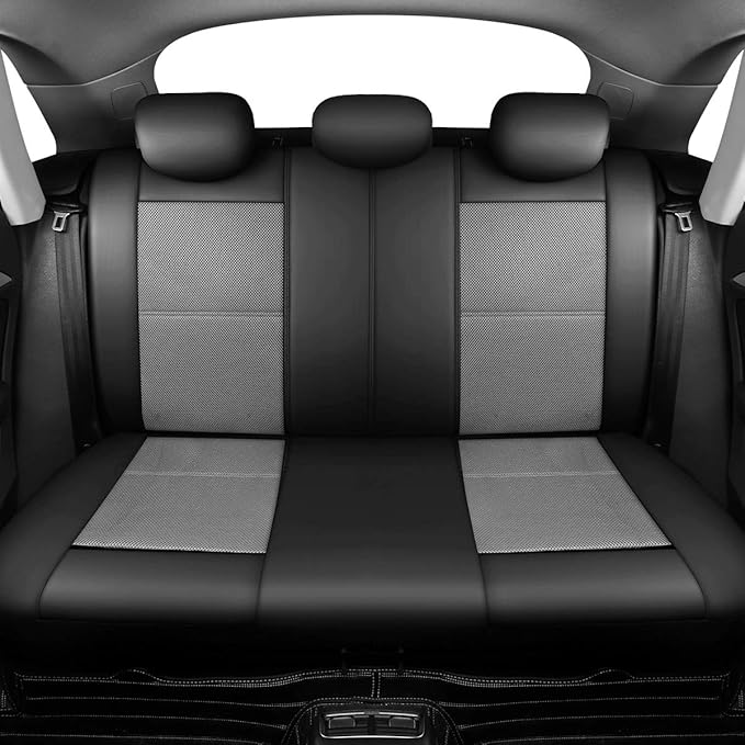 P&J AUTO Leather and Mesh High Back Car Seat Cover Full Set Integrated Bucket Seat Airbag Compatible (Grey)