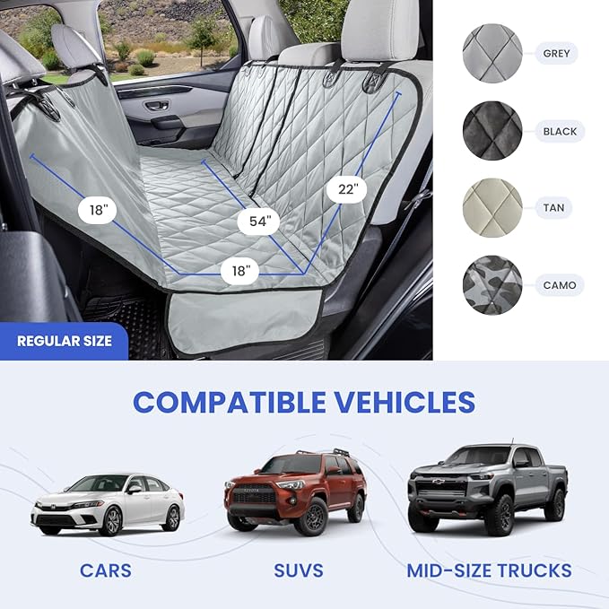 4Knines Dog Hammock for Cars, SUVs, and Small Trucks (Regular Size, Grey) – Rear Seat Cover for 60/40 Split Bench w/Armrest & Seatbelt Access – Heavy Duty, Waterproof, Easy Install, Machine Washable