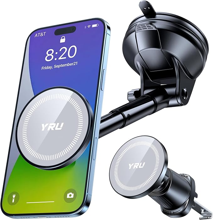 YRU [2025 Upgraded Magnetic Phone Holder for Car【Patented & Super Magnet】 for MagSafe Car Mount Dashboard Magnet Phone Holder Windshield Phone Stand for iPhone 17 16 15 14 13 12 Pro Max Samsung, Grey
