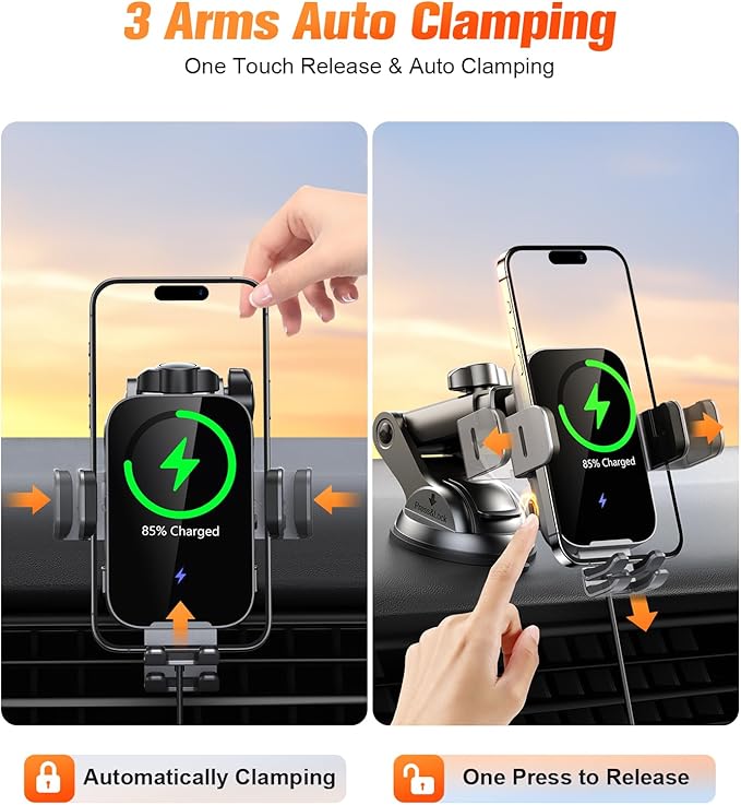 Wireless Car Charger Mount Auto Clamping, 15W Fast Charging Car Phone Holder Charger for Dash Windshield Vent for iPhone 17 16 15 14 13 12 Pro Max, Samsung Galaxy S25 S24+ S23 Ultra S22 S21+