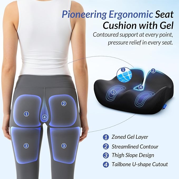 ZIKEE Pioneering Gel Seat Cushion for Sitting Without Stuffiness, Ergonomic Memory Foam Office Chair Cushion for Sciatica, Back, Tailbone Pain Relief, Anti-Slip Car Seat Cushion, Breathable Cover