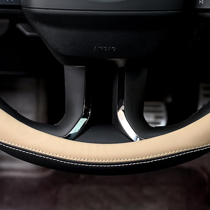 Valleycomfy Microfiber Leather Steering Wheel Covers Universal 15 inch （Beige）
