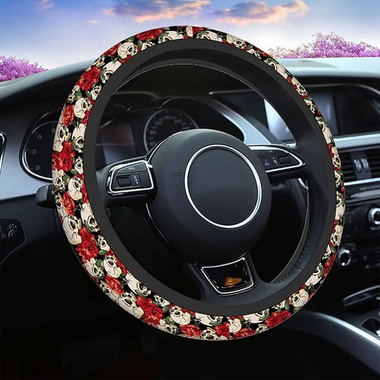 Swono Red Flower and Skull Steering Wheel Covers 15" Inch Skull and Flowers Day of The Dead Universal Fit Most Car Sedans SUVs Comfort Grip Comfortable Neoprene Breathable Steering Wheel Protector