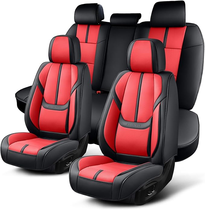 Auto Car Seat Covers Accessories Full Set Leather Cushion Protector Breathable Waterproof Seat Cover for Cars Universal Fit (Black&Red, Full Set Without Headrest)