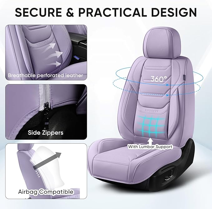 Leather Car Seat Covers Full Set with Lumbar Support, Waterproof Car Seat Cover, Universal Seat Covers for Cars, Trucks, SUVs, Sedans, Airbag Compatible, Front Pair and Rear, Purple