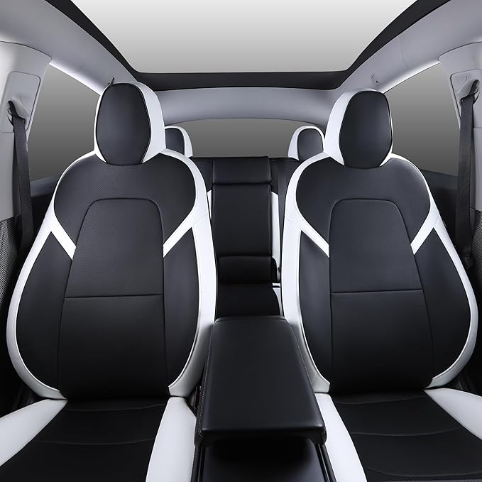 Suitable for Tesla Model Y Seat Covers, Waterproof Faux Leather Car Seat Covers Full Set for Tesla Model Y 2020 2021 2022 2023 2024 (Black+ White)