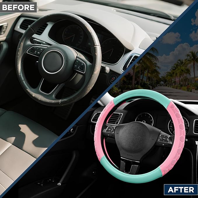 PIC AUTO Massage Steering Wheel Cover, Pink Football Pattern Material Spliced & Light Green Leather Car Steering Wheel Cover, Car Steering Cover, Universal Fit 14.5"-15.5" for Cars, Trucks, Van, SUVs