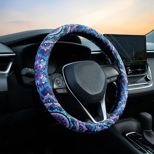 Purple Lotus Mandala Steering Wheel Cover Auto Jacquard Steering Wheel Protector, Anti-Slip, Breathable, Absorbing Sweat, Universal Car Accessories 14.5–15 inch,Fit for Most Car, Trucks, SUV