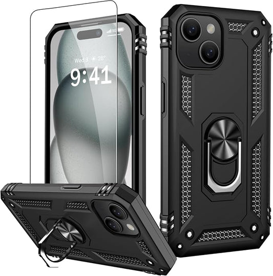 IKAZZ for iPhone 13 Case 6.1 Inch with Screen Protector,Military Grade Shockproof Heavy Duty Protective Phone Cover Pass 16ft Drop Test with Magnetic Kickstand Car Mount Holder,Black