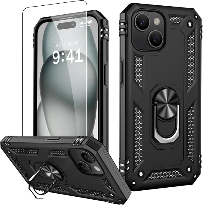 IKAZZ for iPhone 15 Case 6.1 Inch with Screen Protector,Military Grade Shockproof Heavy Duty Protective Phone Cover Pass 16ft Drop Test with Magnetic Kickstand Car Mount Holder,Black