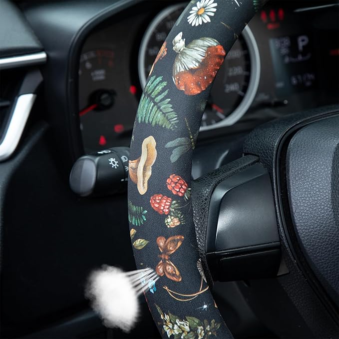 Woodland Fern Moth Dragonfly Mushroom Amanita Steering Wheel Cover Auto Steering Wheel Protector, Anti-Slip, Breathable, Absorbing Sweat, Universal Car Accessories 14.5–15 inch