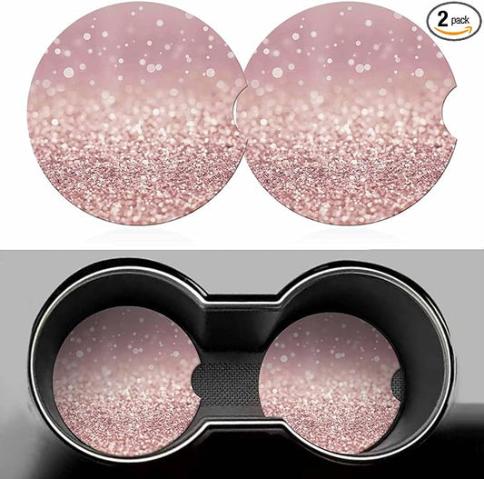 Rose Gold 2 Pack Car Cup Holder Coaster Luxury Glitter Hazy Dreamlike Anti Slip Insert Absorbent Ceramic Car Coaster with Cork Base and Finger Notch Cute Car Accessories Interior for Women Men