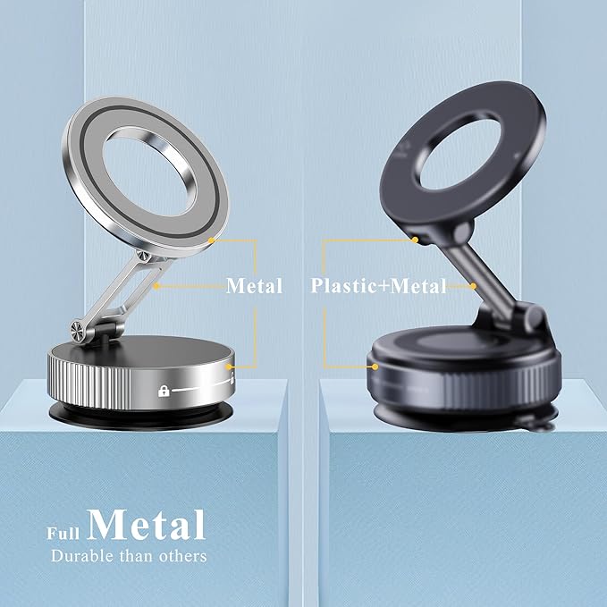 Vacuum Magnetic Phone Holder for Car,Full Metal Body,Vacuum Suction Phone Mount,Magsafe Car Mount for iPhone, Folding Holder for iPhone and Android (White)