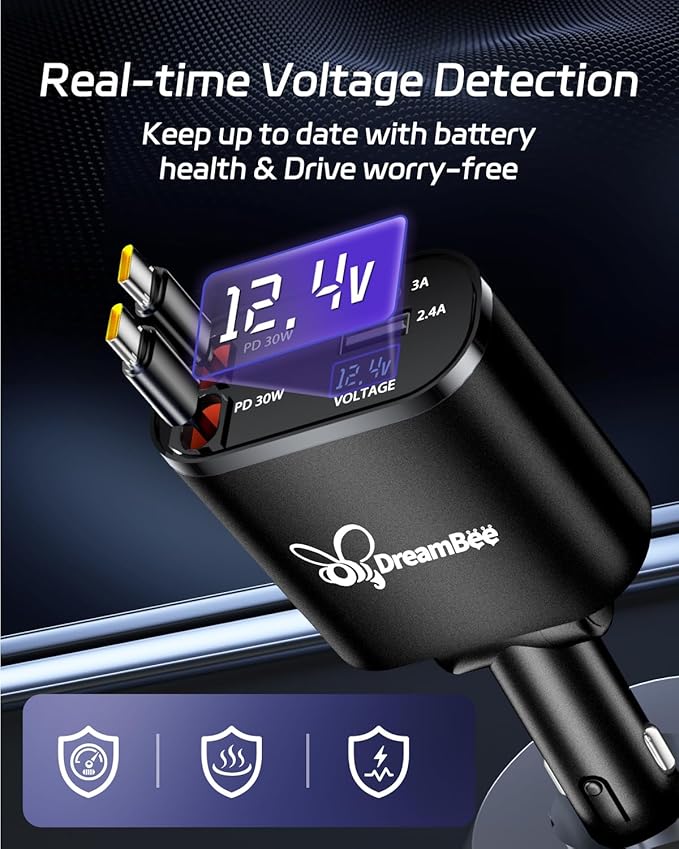 DreamBee Retractable Car Charger,66W Super Fast USB Car Phone Charger,Dual TypeC Retractable Cables Gifts for Men Women Car Truck Accessories for Samsung Galaxy S23+/S23,iPhone 17/16/15/ Pro Max, iPad