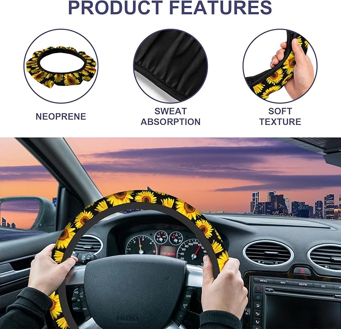 Sunflower Steering Wheel Cover - Yellow Flower Petal Bloom Boho Elastic Universal 15 Inch for Trucks, Auto, Vans