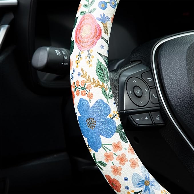 Wild Rose Steering Wheel Cover Auto Jacquard Steering Wheel Protector, Anti-Slip, Breathable, Absorbing Sweat, Universal Car Accessories 14.5–15 inch,Fit for Most Car, Trucks, SUV