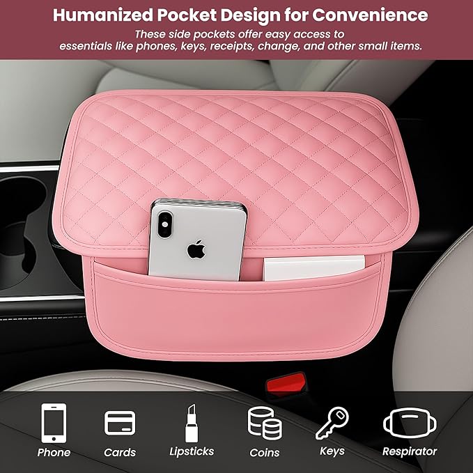 Upgraded Car Center Console Cover Pink,Microfiber Leather Car Armrest Cover Cushion with 2 Storage Bags,Universal Car Armrest Storage Box Car Interior Accessories for Most Vehicles (Pink)