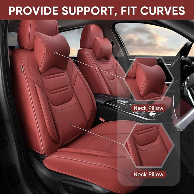 Wine Red Car Seat Covers Full Set, Breathable Leather Automotive Front and Rear Seat Covers & Headrest for Comfortable Driving, Universal Auto Interior Fit for Most Kinds of Vehicles, Cars
