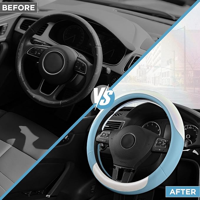 Road Comforts Steering Wheel Cover – Breathable Leather Steering Wheel Cover, Anti-Slip Grip, Universal Fit 14.5” to 15”, Heat & Cold Resistant for Cars, SUVs, and Trucks – Shining White & Blue