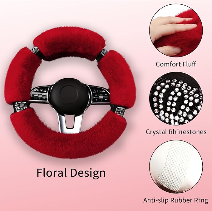 Fluffy Steering Wheel Cover for Women with Bling Crystal Diamond, Warm & Anti-Slip Plush Fur, Cute Girly Car Interior Decor Accessory, Universal Fit for 14.5-15 Inch Wheels (Red)