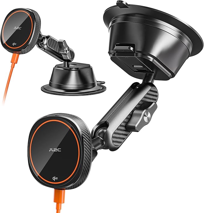 A2C Qi2 15W Wireless Charger for MagSafe Car Mount Charger Magnetic Suction Cup Phone Holder for iPhone 17/16/15/14/13/12, Adjustable Aluminum Alloy Arm, Windshield/Dashboard, Fast Charging