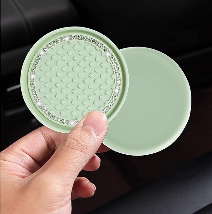 Amooca Car Cup Coaster 4 Pack Universal Non-Slip Cup Holders Insert Coasters Bling Crystal Rhinestone Car Interior Accessories Tea Green Dots