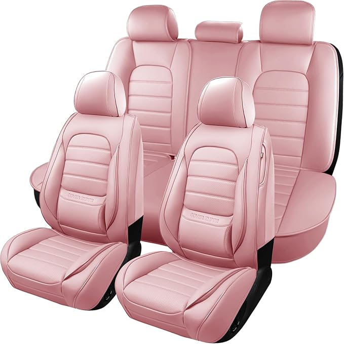 Pink Car Seat Covers Full Set, Universal Faux Leather Seat Covers for Cars 5 Seats, Waterproof Leather Car Seat Covers, Comfortable Automotive Seat Covers for Most Sedans Trucks SUVs