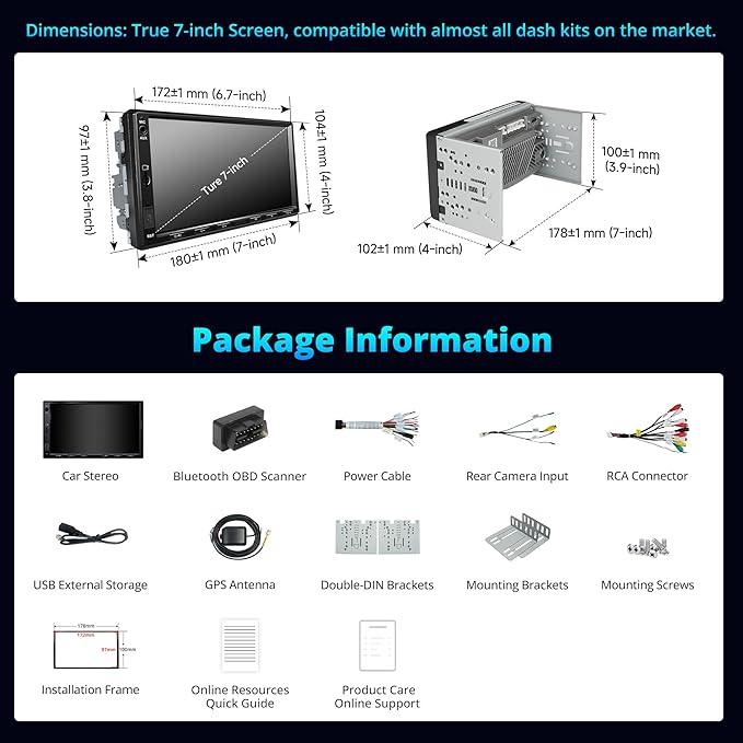 A5L 7inch Android Double DIN Car Stereo with OBD2 Scanner, Wireless CarPlay & Android Auto, 24 Band EQ, DSP, WiFi/BT/USB Tethering, 2G+32G Touchscreen Radio, AI Chat, MirrorLink, GPS/FM/AM