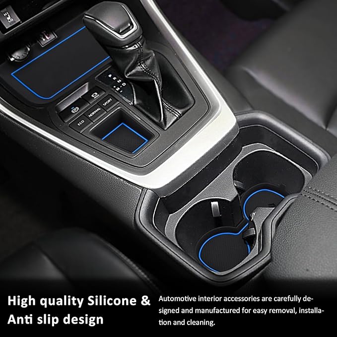 Auovo 3D Cup Holder Insert Liners Compatible with Toyota RAV4 Accessories 2025 2024 2023 2022 2021 2020 2019 Car Custom Cup Holder Mats Pads 4-pc Set (Blue Trim)