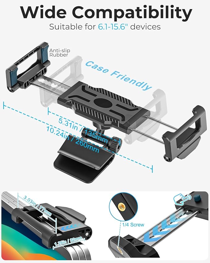 Tesla Model 3/Y Back Seat Tablet Mount Fit 6.1-15.6" Devices, 360° Adjustable Metal Ball Car Backseat Tablet Holder for iPad 12.9 Pro/Air/Mini, Galaxy Tab with Thickness Case (Deep Max 1.18'')