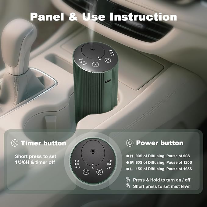 Waterless Essential Oil Diffuser with 4 Timer (1/3/6H & Off) & 3 Mist(L/M/H), Air Scent Diffuser for Home Car Office, Rechargeable Aromatherapy Diffuser, Portable Mini Aroma Diffuser, Dark Green