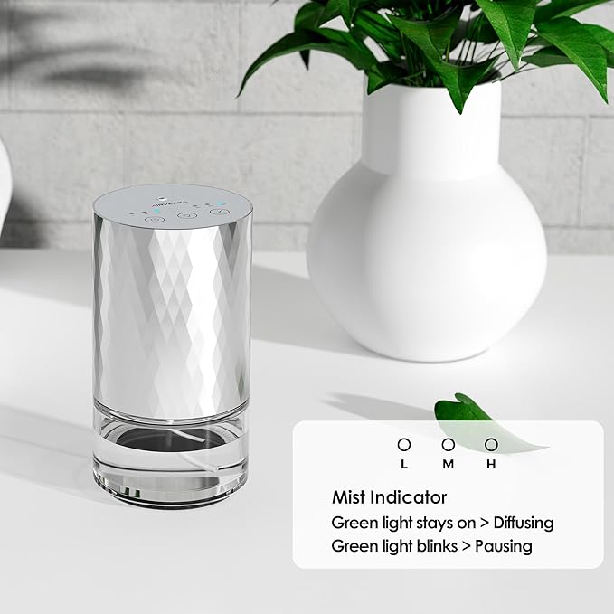 Airversa Waterless Diffuser Essential Oil 100ml Capacity Scent Air Machine for Home Aromatherapy Premium Metal Nebulizer Battery Operated 3 Mist Settings Timers Color Light AN5(Silver)