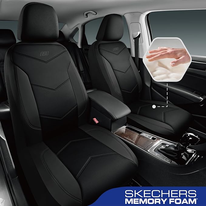 Skechers Memory Foam Seat Covers,Leather Car Seat Covers, Ultimate Comfort & Support Front Seat Covers Airbag Compatible, Automotive Universal Fit Most for SUVs, Vans, Sedans, Cars, Trucks,Black