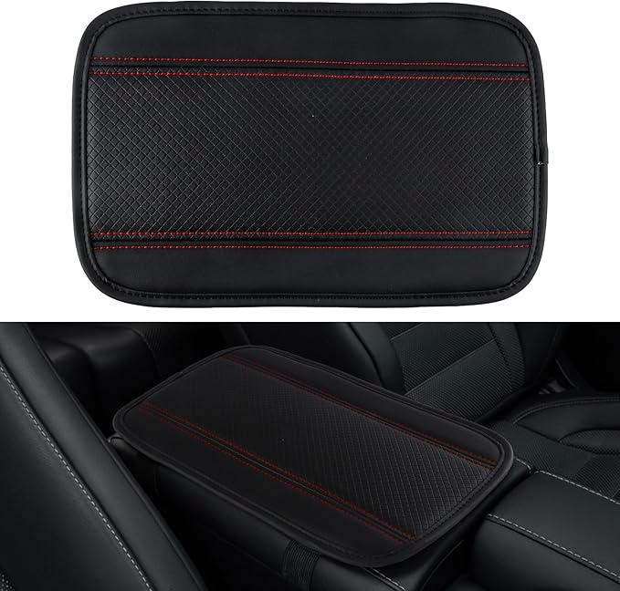 Amiss Car Center Console Pad, Universal Waterproof Car Armrest Seat Box Cover, PU Leather Auto Armrest Cover Protector，Vehicle Interior Accessories fits SUV/Truck/Car (Black-Red)