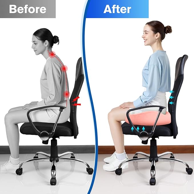 Seat Cushion, Chair Cushions, Office Chair Cushions, Anti-Slip Bottom & Removable Cover Tailbone Pain Relief Cushion, Memory Foam Seat Cushion for Office, Wheelchair, Car (Pink)